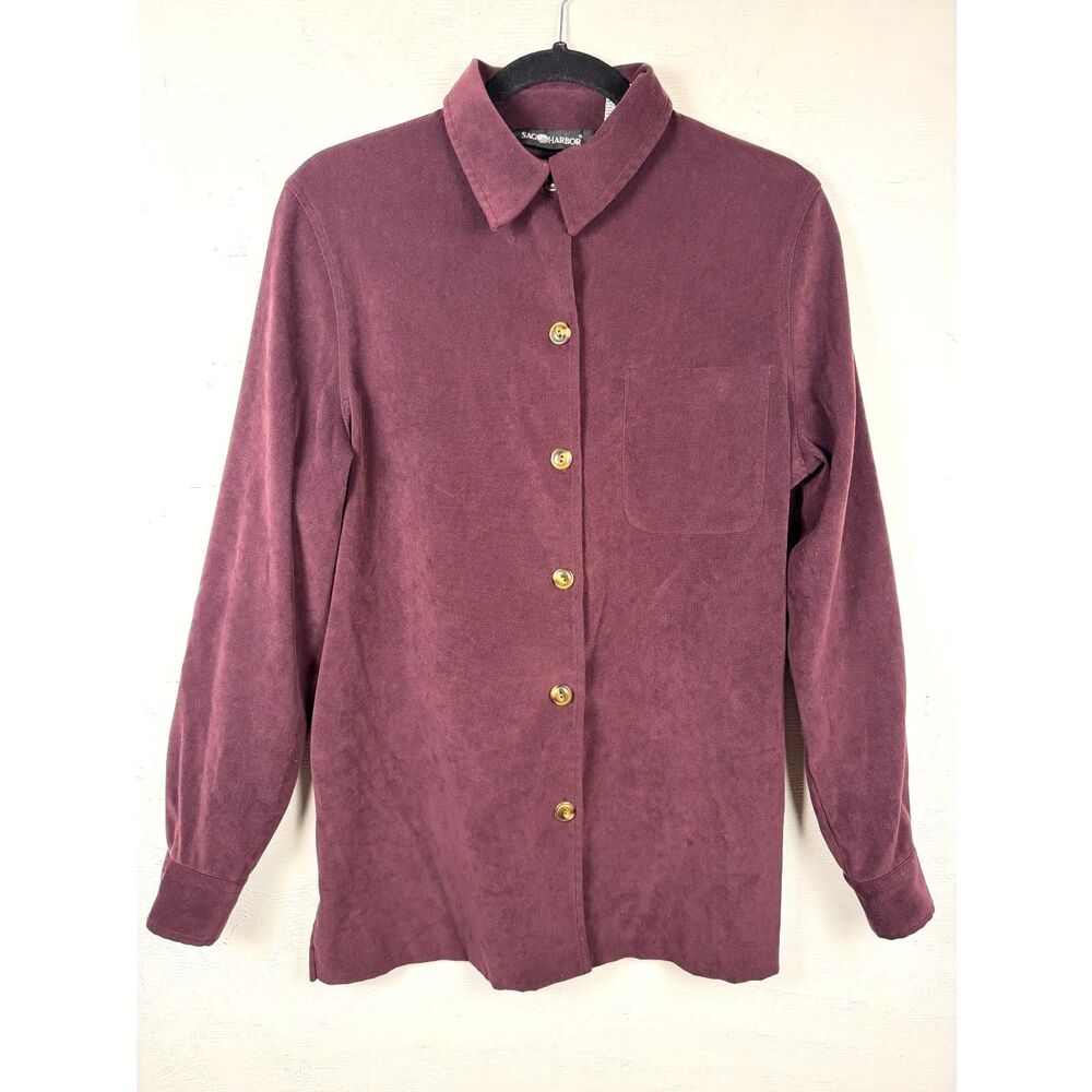 Y2K Sag Harbor Burgundy Velour Button Down Top Size 8
